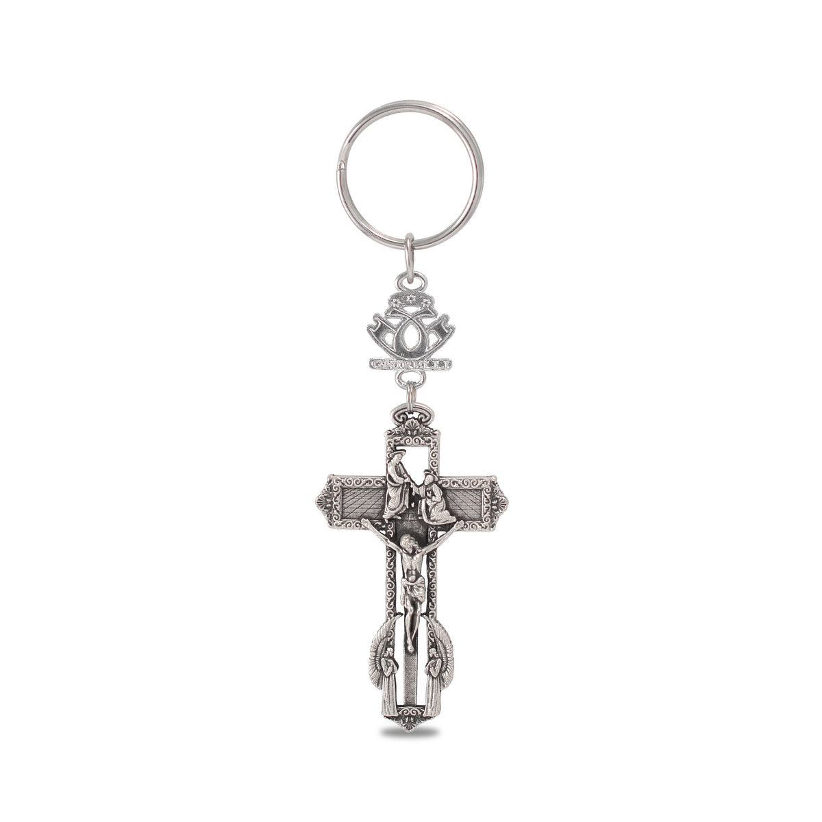 A silver key chain featuring a crucifix with the inscription &#39;TU ES PETRUS&#39; and the logo of Ghirelli.