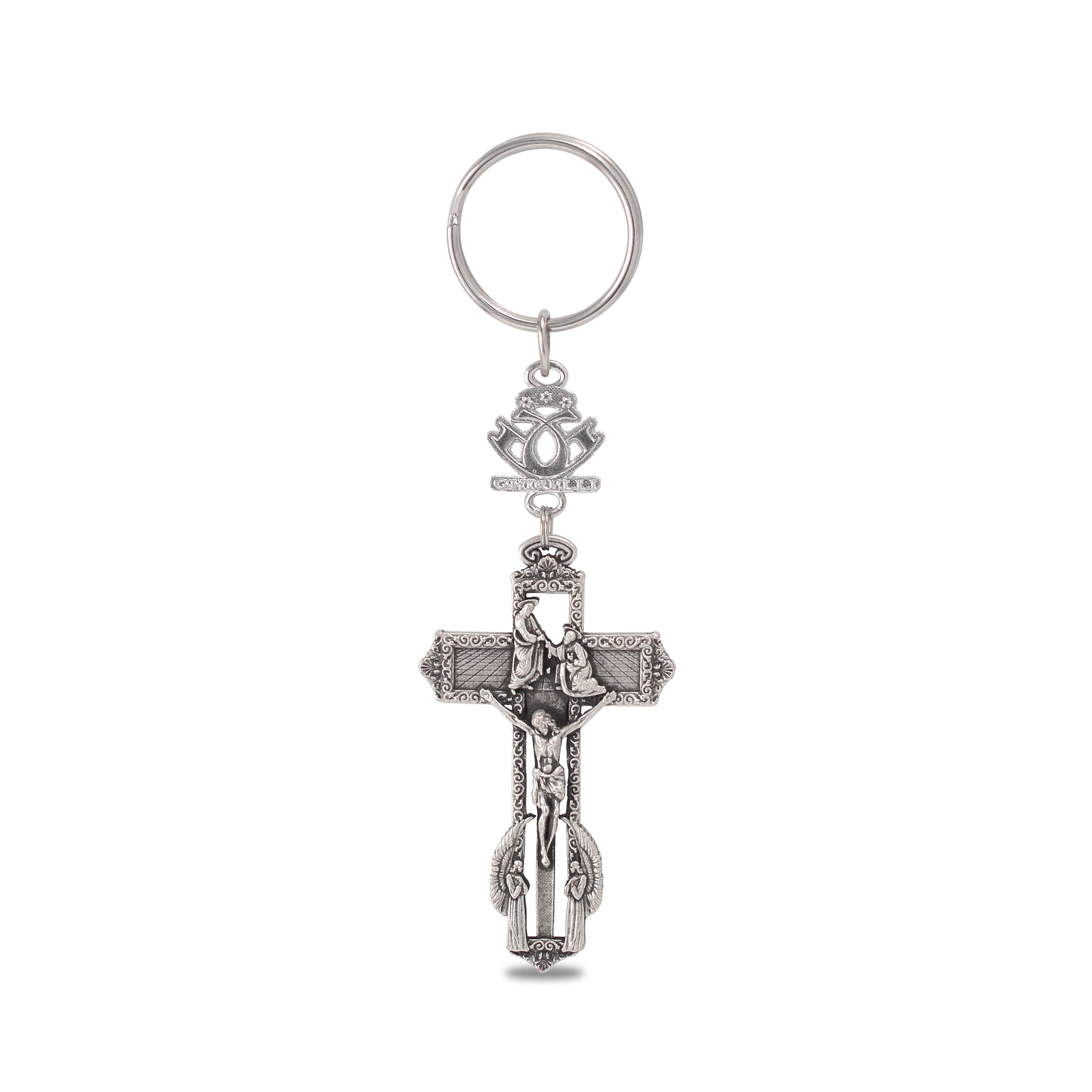A silver key chain featuring a crucifix with the inscription 'TU ES PETRUS' and the logo of Ghirelli.