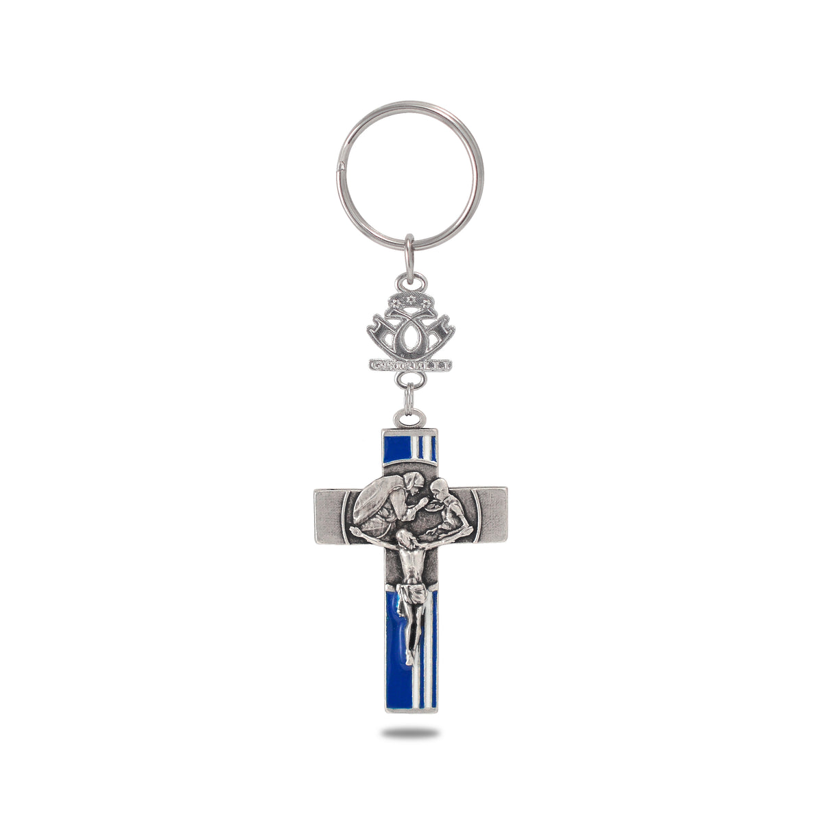 A key chain featuring a silver-colored cross with a blue enamel inlay and an emblem at the top, attached to a ring.
