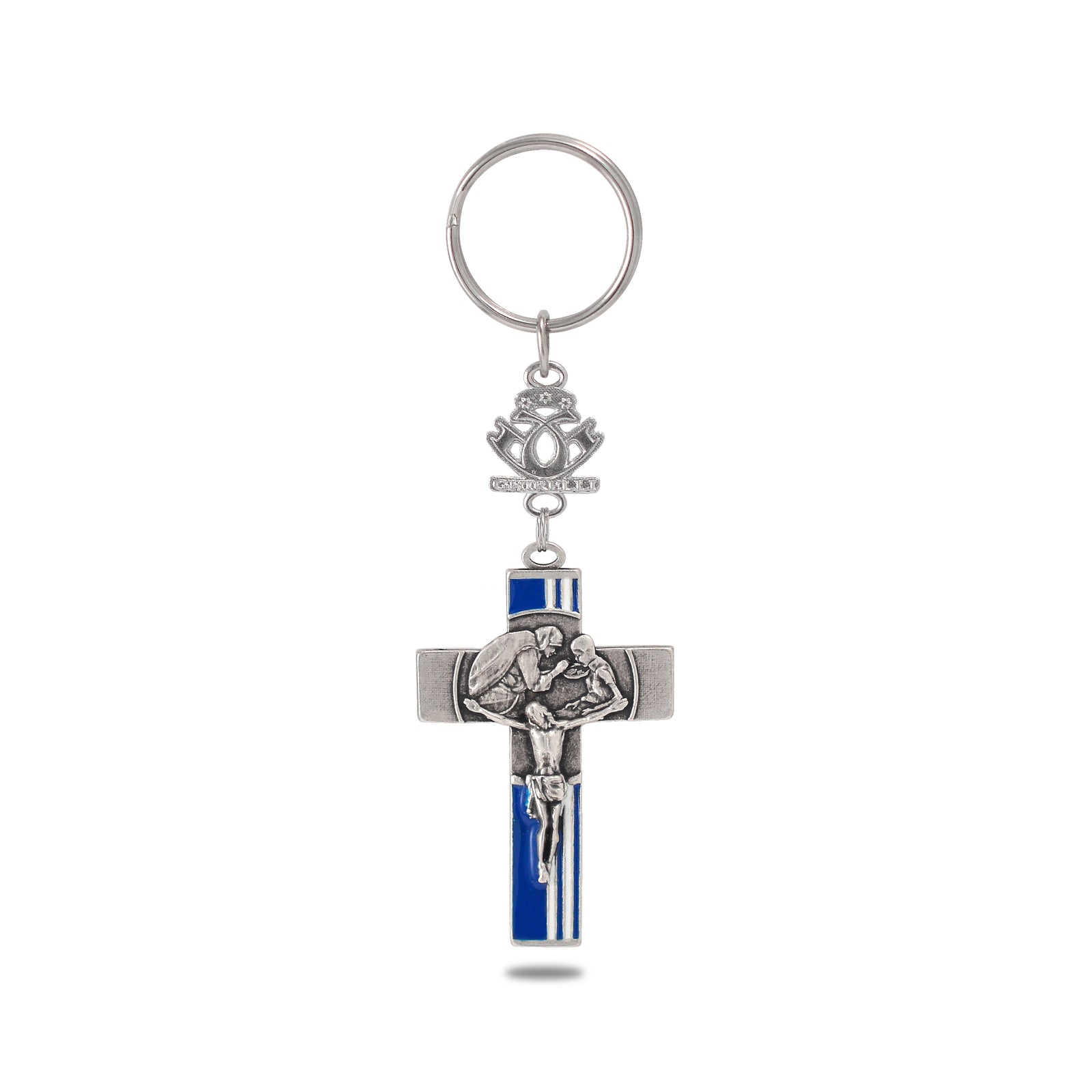 A key chain featuring a silver-colored cross with a blue enamel inlay and an emblem at the top, attached to a ring.