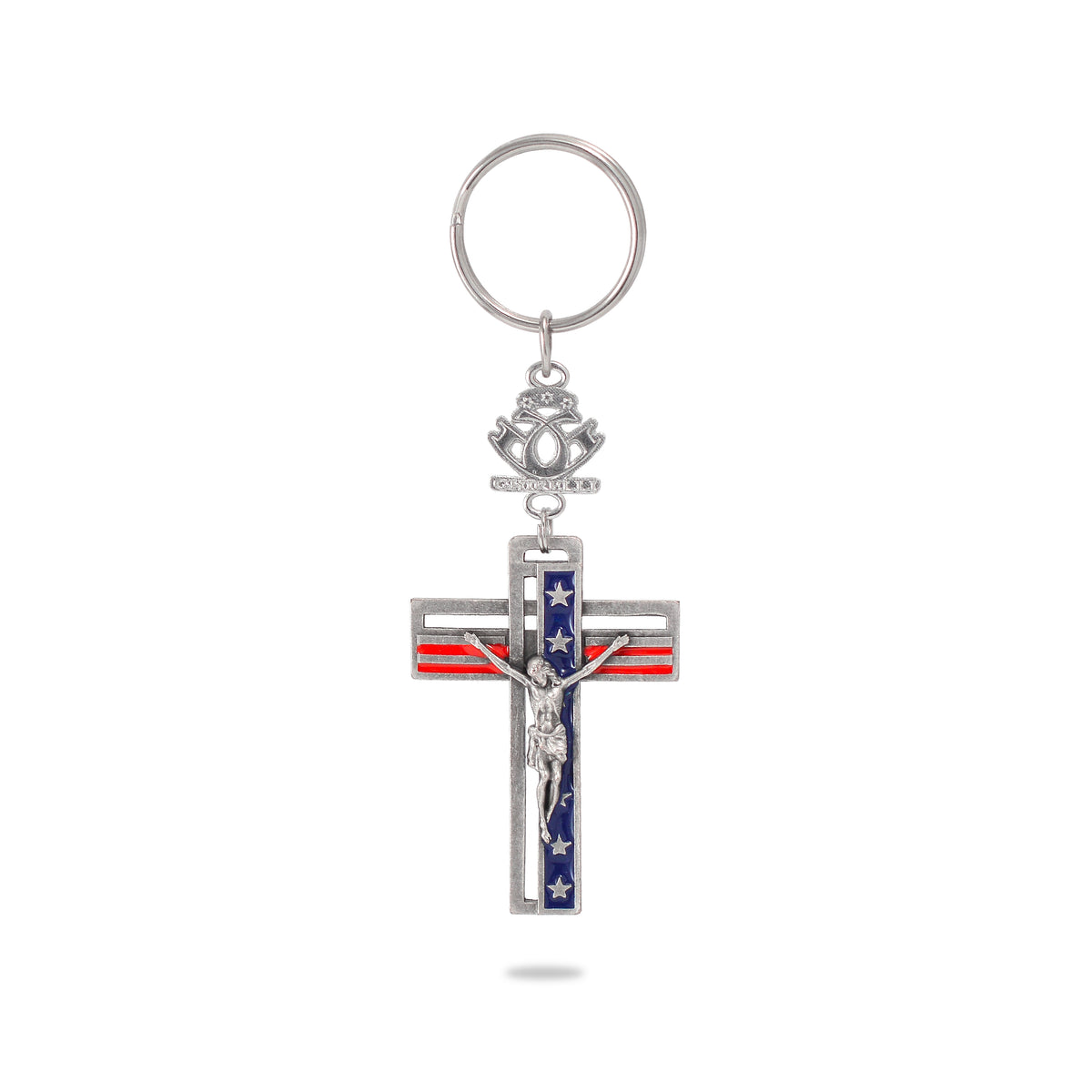 A key chain featuring a silver crucifix with red and blue enamel and an inscription on the reverse side, attached to a ring.