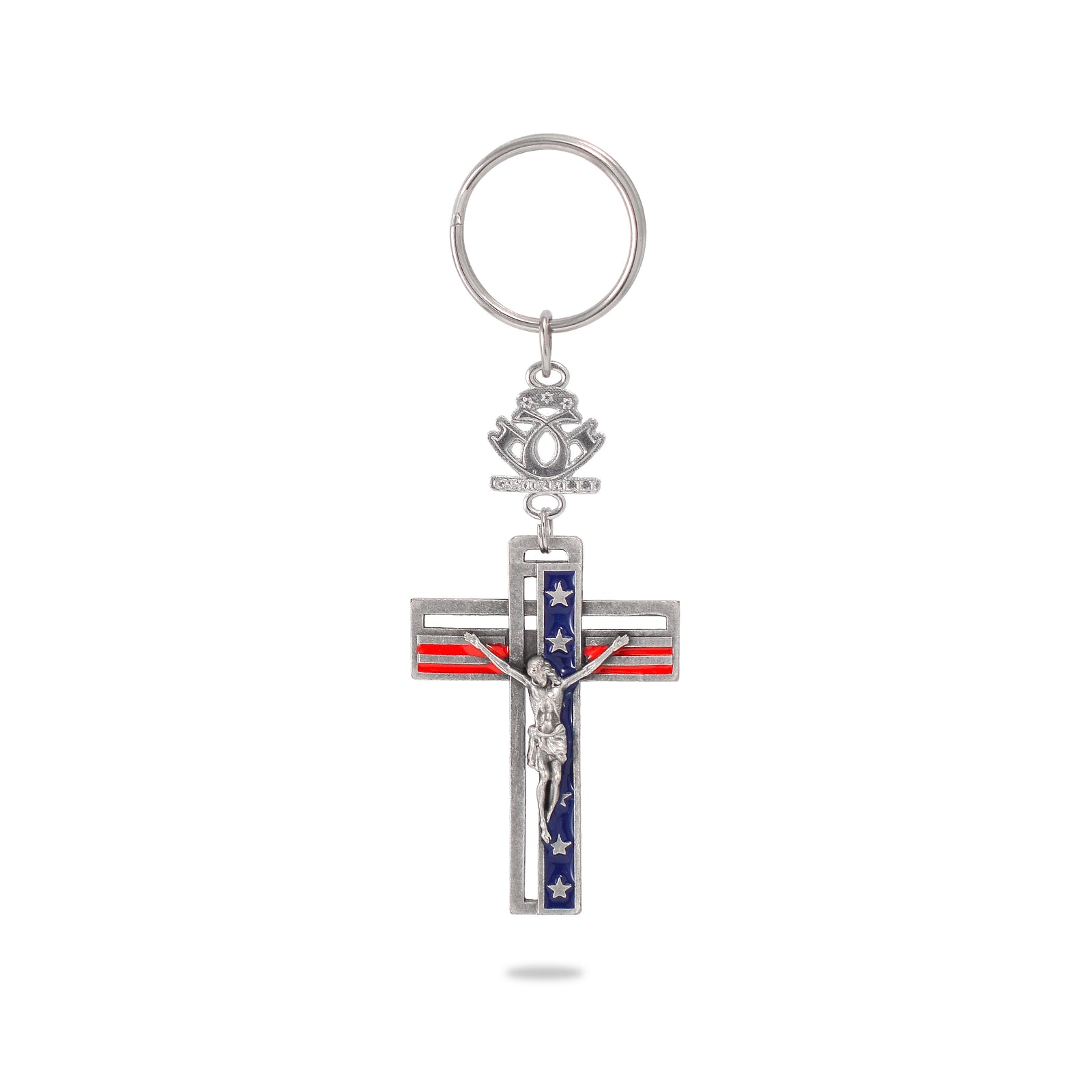 A key chain featuring a silver crucifix with red and blue enamel and an inscription on the reverse side, attached to a ring.